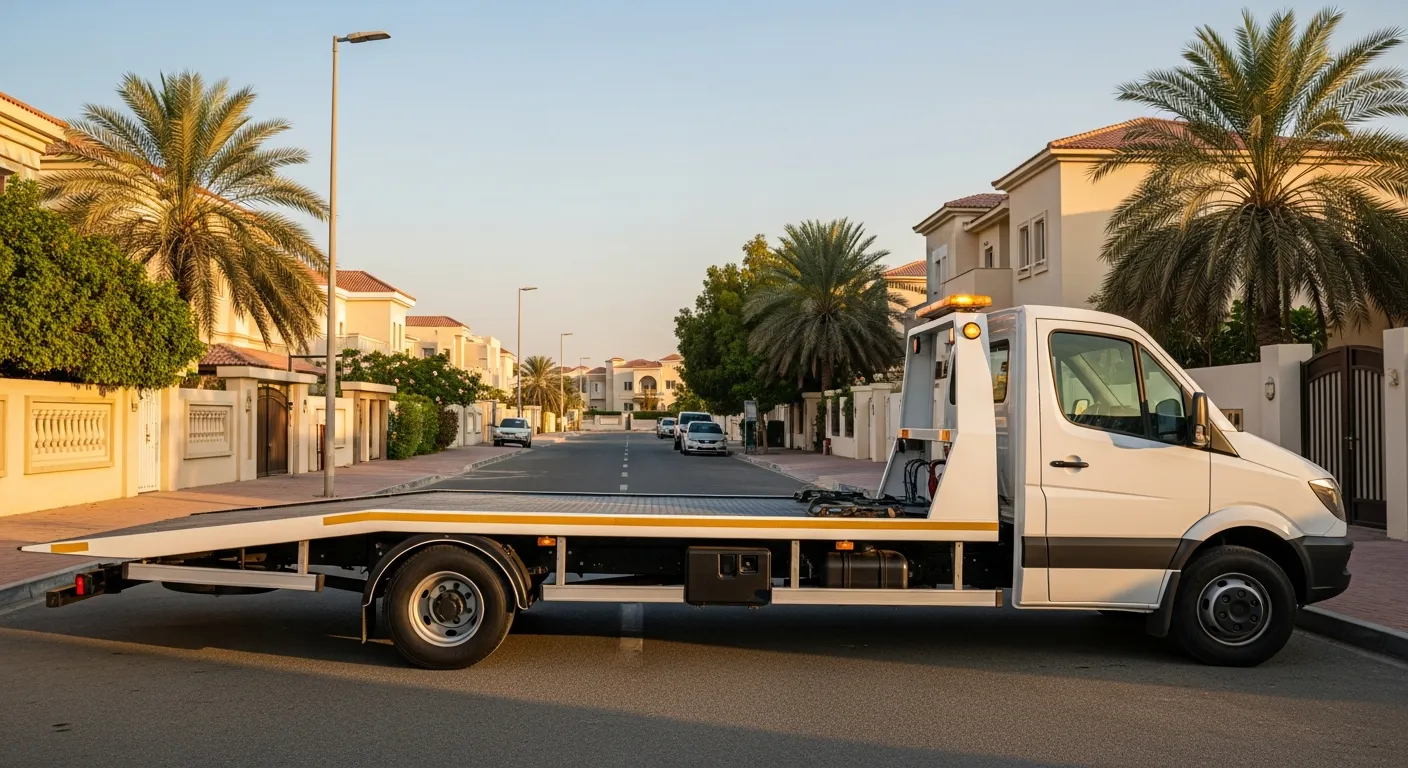 White flatbed recovery truck on a Dubai street, ready for car recovery in Deira
